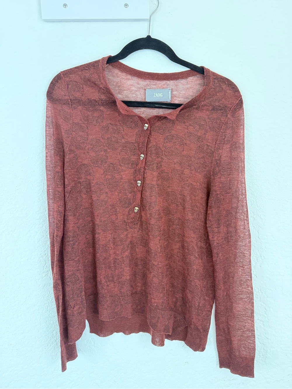 Zadig & Voltaire Skull Print Fine Knit Henley Sweater S